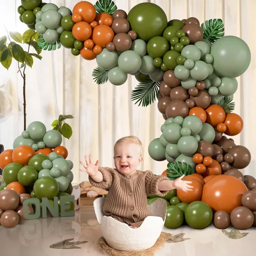 Vista 7 de Kit de guirnalda de globos de dinosaurio de 141 piezas, globos latxe marrones, naranjas, verde salvia para decoración de fiesta temática de jungla