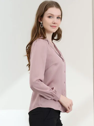 Vista 4 de Allegra K Blusa de satén con botones de manga larga para mujer, elegante cuello