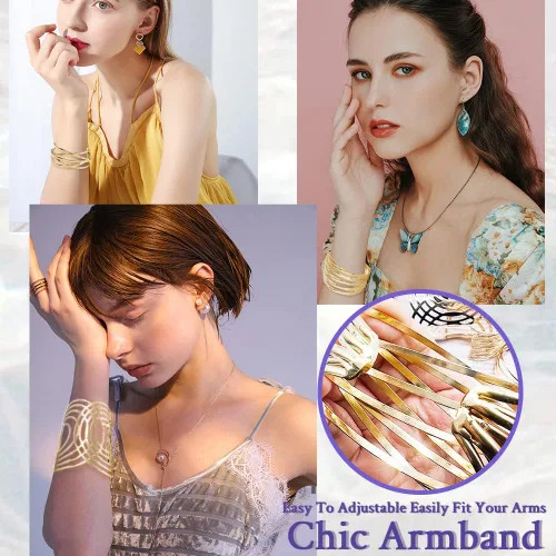 Vista 6 de SAMOCO 7 piezas de brazalete para mujer, brazalete de oro abierto, ancho ancho, brazalete ajustable, brazalete de muñeca, Sin gema