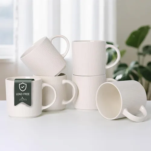 Vista 16 de MONITO - Juego de 4 tazas de café de 16 onzas, juego de tazas de café rústicas de cerámica con asa Vintage Striped Stoneware Large Coffee Mugs for