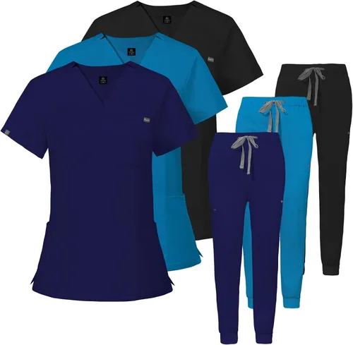 Vista 5 de VIAOLI Conjunto de ropa quirúrgica para mujer, camiseta y pantalón deportivo, ropa de trabajo, clínica, moderna, uniforme médico (10 bolsillos)