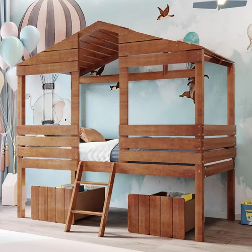 Vista 11 de Quarte Fun House - Cama con techo y dos ventanas laterales, cama baja de madera tamaño individual con escaleras pequeñas y barandilla, para niños