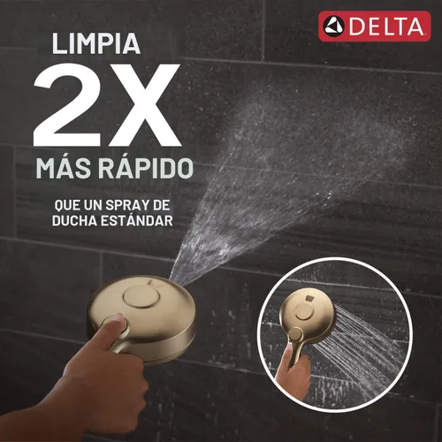 Vista 2 de Delta HydroRain - Cabezal de ducha doble 2 en 1 de 5 ajustes con spray ProClean, cabezal de ducha de alta presión dorado cepillado con rociador