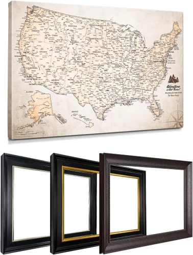 Vista 66 de IPIC - Lienzo con mapas de EE. UU. para decoración de pared, mapa con pin de empuje para marcar viajes, mapa de viaje impreso de EE. UU.