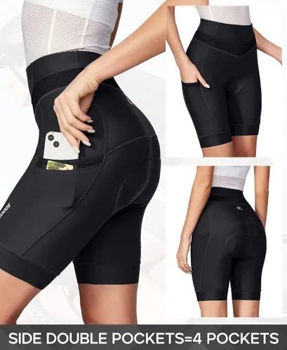 Vista 4 de Ewedoos Pantalones cortos de ciclismo acolchados para mujer con 4 bolsillos, acolchado 4D, pantalones cortos de ciclismo para paseos de 3H +