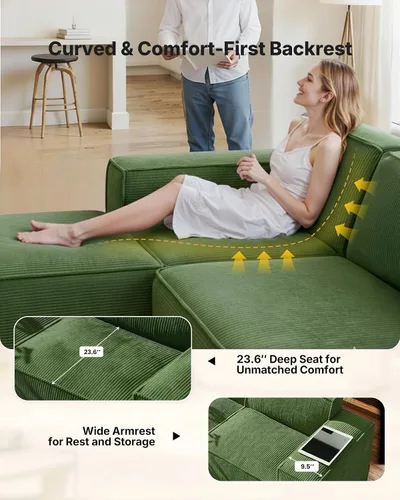 Vista 3 de Amada - Sofá modular de pana con asientos profundos y respaldo alto, sofás tapizados de 2 plazas para sala de estar y dormitorio, no requiere Verde