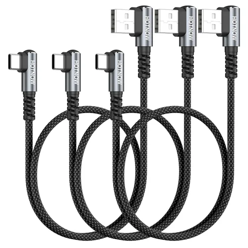 Vista 17 de Cable USB C corto de ángulo recto de 0.5 pies, paquete de 3 cables de carga USB C de 6 pulgadas, cable de carga rápida trenzado de nailon