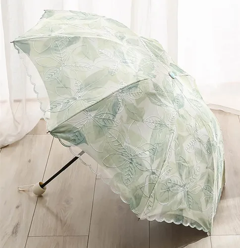 Vista 2 de URAWESO Parasol bordado encaje protección UV hoja impresa paraguas plegable para playa, viajes, boda, fiesta, decoración sesión de fotos
