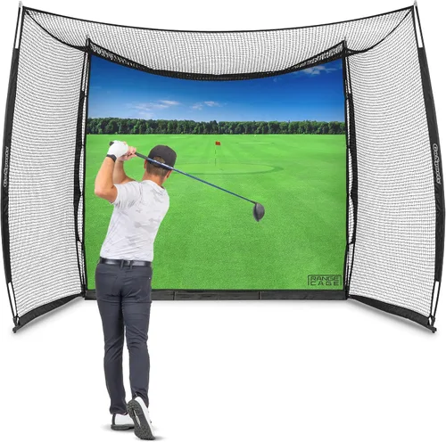 Vista 9 de GoSports Range Cage 10 ft x 8 ft Golf Net Cage – Indoor & Outdoor Golf Practice Net for Full Swing Training and Home Golf Simulator Setups Pantalla