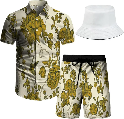 Vista 27 de RPOVIG Conjunto de playa a juego con camisas y pantalones cortos para hombre, ropa floral hawaiana para festival, conjuntos de 2 piezas con sombrero