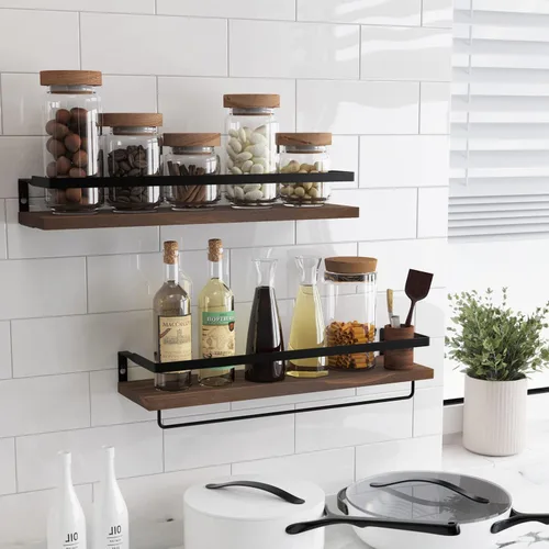 Vista 4 de Estantes flotantes para pared, estantes de baño con toallero, estantes de almacenamiento montados en la pared para cocina, baño, juego de 2 Marrón