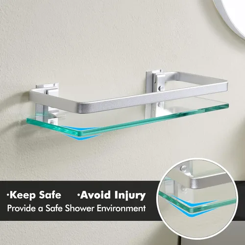 Vista 13 de Baño estante de vidrio Kes con riel de aluminio y extra grueso vidrio templado, estantería de ducha rectangular estilo contemporáneo soporte