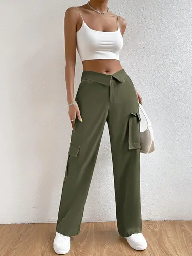Vista 5 de WDIRARA Pantalones cargo largos de cintura alta con botones y bolsillos para mujer