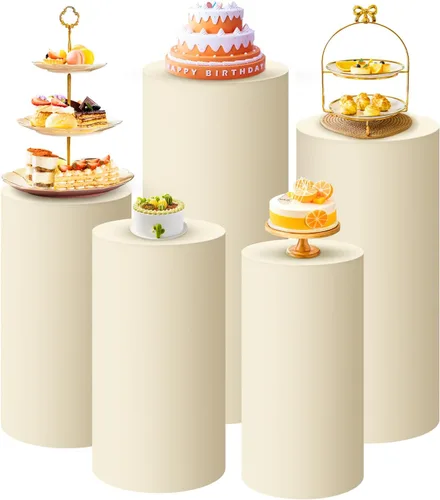 Vista 16 de SaitiMade Juego de 3 fundas para pedestal de cilindro beige, fundas de elastano para decoración de fiestas, bodas o eventos de cumpleaños, solo