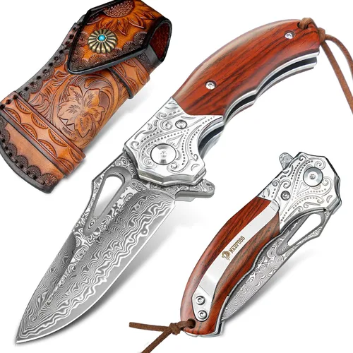 Vista 7 de NedFoss TIGERSHARK Cuchillo de bolsillo de Damasco para hombre, cuchillo plegable de Damasco VG10 forjado a mano de 2.75 pulgadas con mango