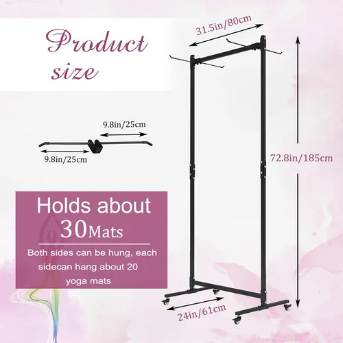 Vista 3 de Soporte para colchoneta de yoga colgante, carrito de almacenamiento de metal de doble cara sobre ruedas, estante para pilates de pie para gimnasio