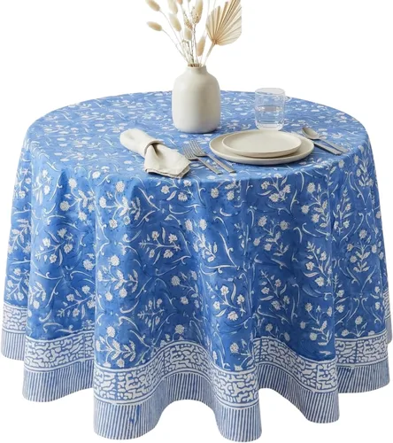 Vista 30 de ATOSII Amalfi - Mantel redondo de verano 100% algodón, estampado en bloques, para comedor, bodas, exteriores, fiestas, I Grand Millenial Farmhouse