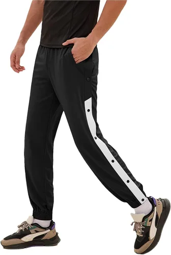 Vista 3 de Men's Tear Away Basketball Track Pants High Split Side Snap Cinch Bottoms Negro
