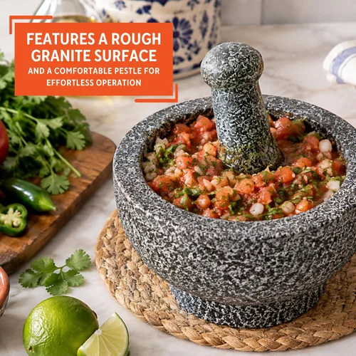 Vista 4 de IMUSA Molcajete de granito pulido tradicional resistente de 8.5 pulgadas para guacamole fresco, salsa, pesto, hierbas, especias