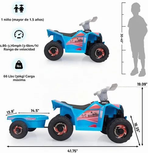 Vista 6 de TOBBI - Coche eléctrico para niños ATV 4 ruedas con remolque y música 6V Azul