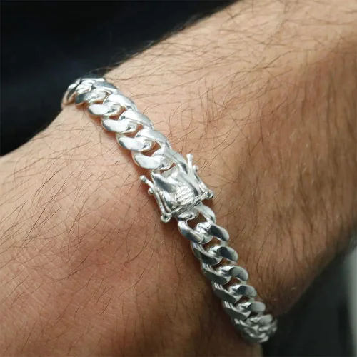 Vista 4 de Verona Jewelers - Pulsera de cadena de eslabones de plata de ley 925 maciza, de 6.5 a 14.5 mm - Pulsera cubana maciza, gruesa, de eslabones grandes