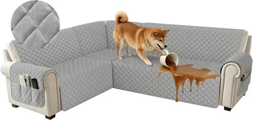 Vista 20 de Fundas impermeables para sofá seccional de esquina en forma de L, de terciopelo, juego de 6 piezas, funda en forma de U para sofá, para perros