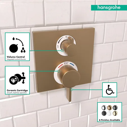 Vista 3 de hansgrohe Ecostat Square Embellecedor de Válvula de Ducha Termostática Moderna con Control de Temperatura y Desviador en Bronce Cepillado, 15714141