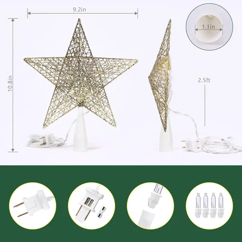 Vista 6 de BrizLabs Luces para la Punta del Árbol de Navidad, 9" con Enchufe, Luz de Estrella para la Copa del Árbol de Navidad, Certificado UL, 10 Luces