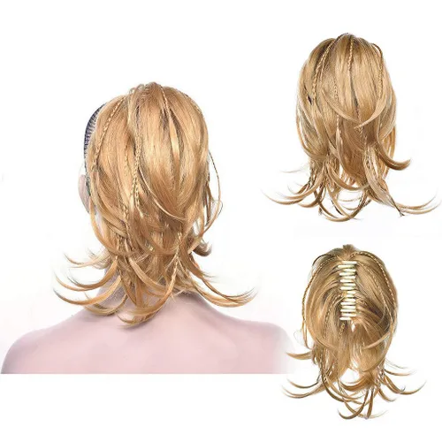 Vista 6 de Extensiones de cabello humano con clip de garra, extensiones de cola de caballo corta y rizada con textura natural para mujer (1b# negro natural)