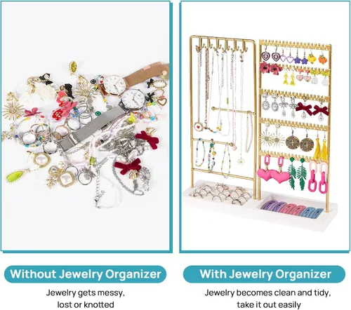Vista 6 de Vtopmart Soporte organizador de joyas para aretes, collares, anillos, pulseras, exhibición y almacenamiento, con 90 agujeros, 12 ganchos, bandeja