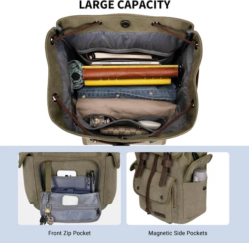 Vista 4 de WITZMAN Mochila de lona para hombre, mochila vintage para laptop de 15.6 pulgadas, mochila de viaje de alta capacidad casual (A8004 verde militar)