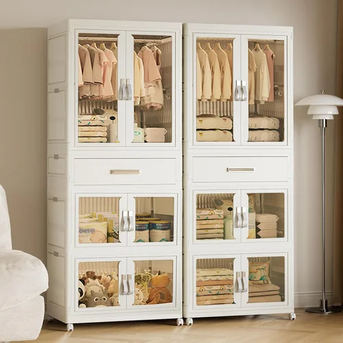 Vista 6 de Armario portátil para niños con puertas, armario de almacenamiento de plástico para bebés con barra colgante, armario para ropa de niños