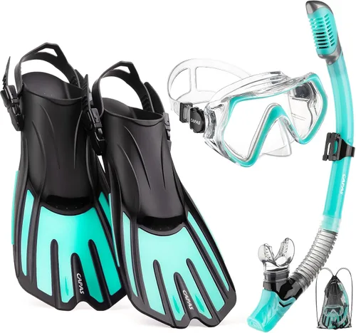 Vista 8 de CAPAS Snorkel Mask Fins Set, Travel Size Snorkeling Gear for Adults with Adjustable Fins, Diving Mask and Dry Top Snorkel, Come with a Carrying Bag