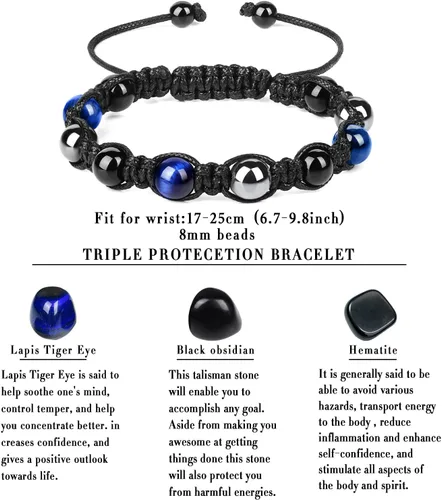Vista 2 de Pulsera de triple protección, pulsera de cuentas de obsidiana negra y hematita genuina con ojo de tigre para hombres y mujeres, pulseras curativas