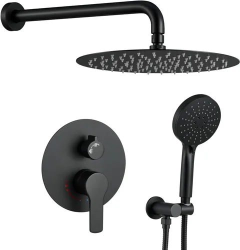 Vista 7 de Sistema de ducha de oro cepillado de 12 pulgadas para baño, cabezal de ducha de lluvia dorado de alta presión con rociador de mano, accesorios