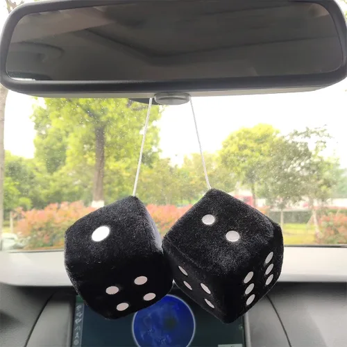 Vista 2 de 1 par de dados de felpa negros peludos de 3 pulgadas clásico vintage [dados nostálgicos de los años 80 para espejo] para espejos interiores