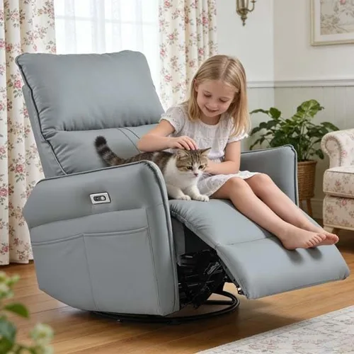 Vista 4 de Silla reclinable giratoria eléctrica, mecedora eléctrica con puertos USB, piel sintética para sala de estar (azul gris)