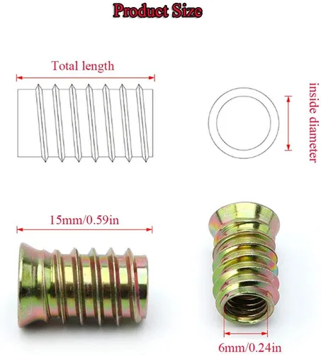 Vista 4 de Juego de 8 tuercas de inserción roscadas M6x15 tipo hexagonal roscadas y tornillos de rosca inversa chapados en níquel M6x25, tornillos empotrados