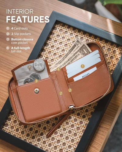 Vista 2 de Cartera de piel para mujer, con bloqueo RFID, plegable, delgada, para tarjetas de crédito, con bolsillo con cremallera, Marrón, Classic