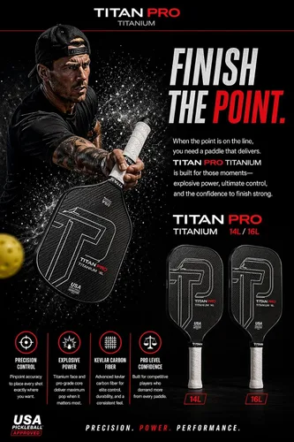 Vista 4 de Pala de pickleball Titan Pro de titanio, aprobada por USA Pickleball, opciones de 14 mm y 16 mm, núcleo revolucionario de Nomex y PP en dos capas
