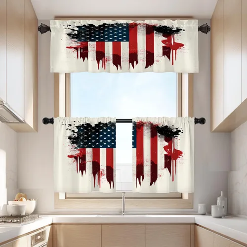 Vista 100 de Batmerry American Flag Ink Dot Blackout Tier Curtains, Red Blue White Stars Abstract Thermal Insulated Half Curtain Rod Pocket Small Valance for