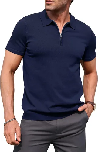Vista 6 de RQP Camisas polo con cremallera para hombre, camisas casuales de punto de manga corta/larga, camisas de golf elásticas ajustadas, suéter suave