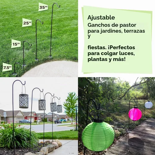 Vista 4 de Ganchos de pastor para exteriores, juego de 4 postes de jardín ajustables para comederos de pájaros, linternas solares, campanillas de viento Negro
