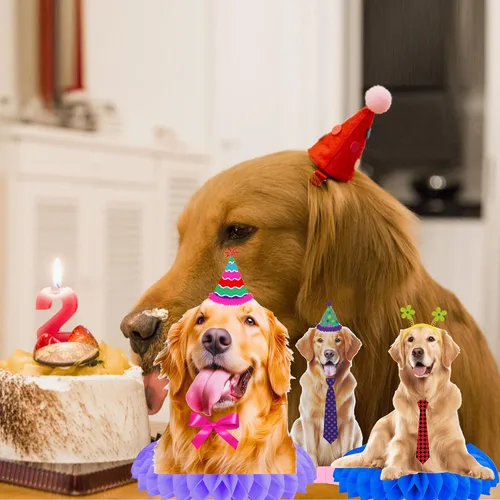 Vista 6 de Golden Retriever - Centros de mesa de panal de abeja para decoración de mesa de fiesta de perro, 12 piezas, decoraciones de fiesta de cumpleaños