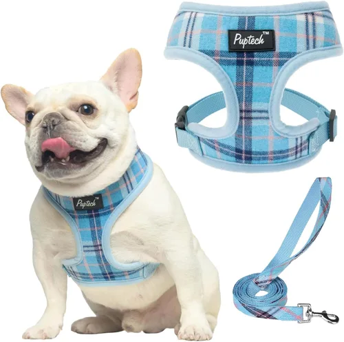 Vista 8 de PUPTECK Juego de arnés y correa de malla suave para perro, cachorro y gato, cómodo chaleco acolchado sin tirones, azul Pascua, S