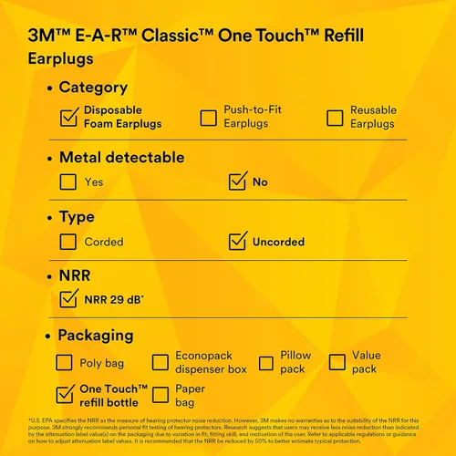 Vista 13 de 3M E-A-R Classic One Touch Refill 391-1001, botella de 500 pares de tapones desechables para los oídos, sin cable, clasificación de reducción