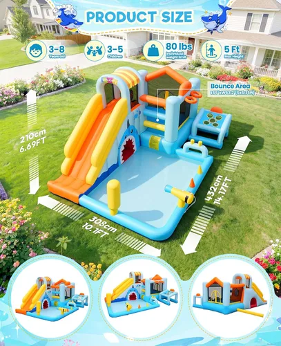 Vista 3 de Toboganes acuáticos inflables 24 en 1 con diseño de cueva de tiburón de unicornio, casa de rebote para patio trasero de niños con soplador, piscina