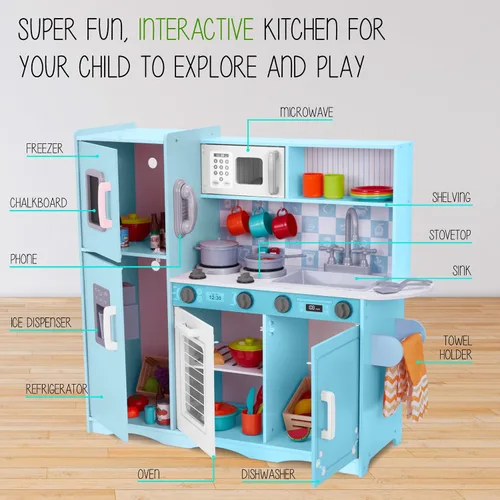 Vista 2 de Juego de cocina infantil Lil' Jumbl, cocina de madera de simulación con pizarra, teléfono de juego, toallero y dispensador de hielo, perillas