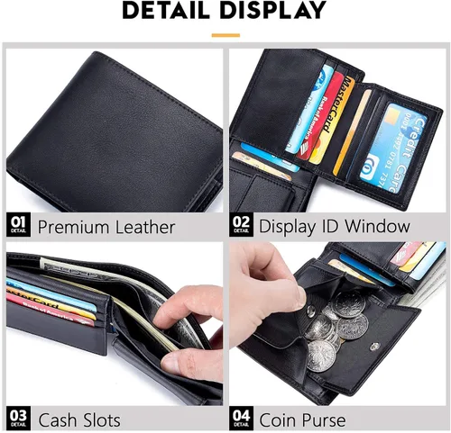 Vista 4 de OFAMOUS Cartera de cuero para hombre con bolsillo para monedas ventana de identificación abatible bloqueo RFID billetera delgada con bolsillo