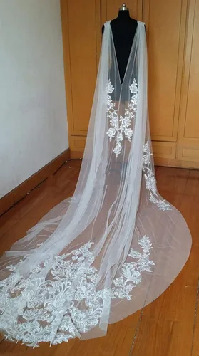 Vista 2 de Capas de boda velos de novia de encaje apliques envolturas nupciales longitud catedral capa de boda